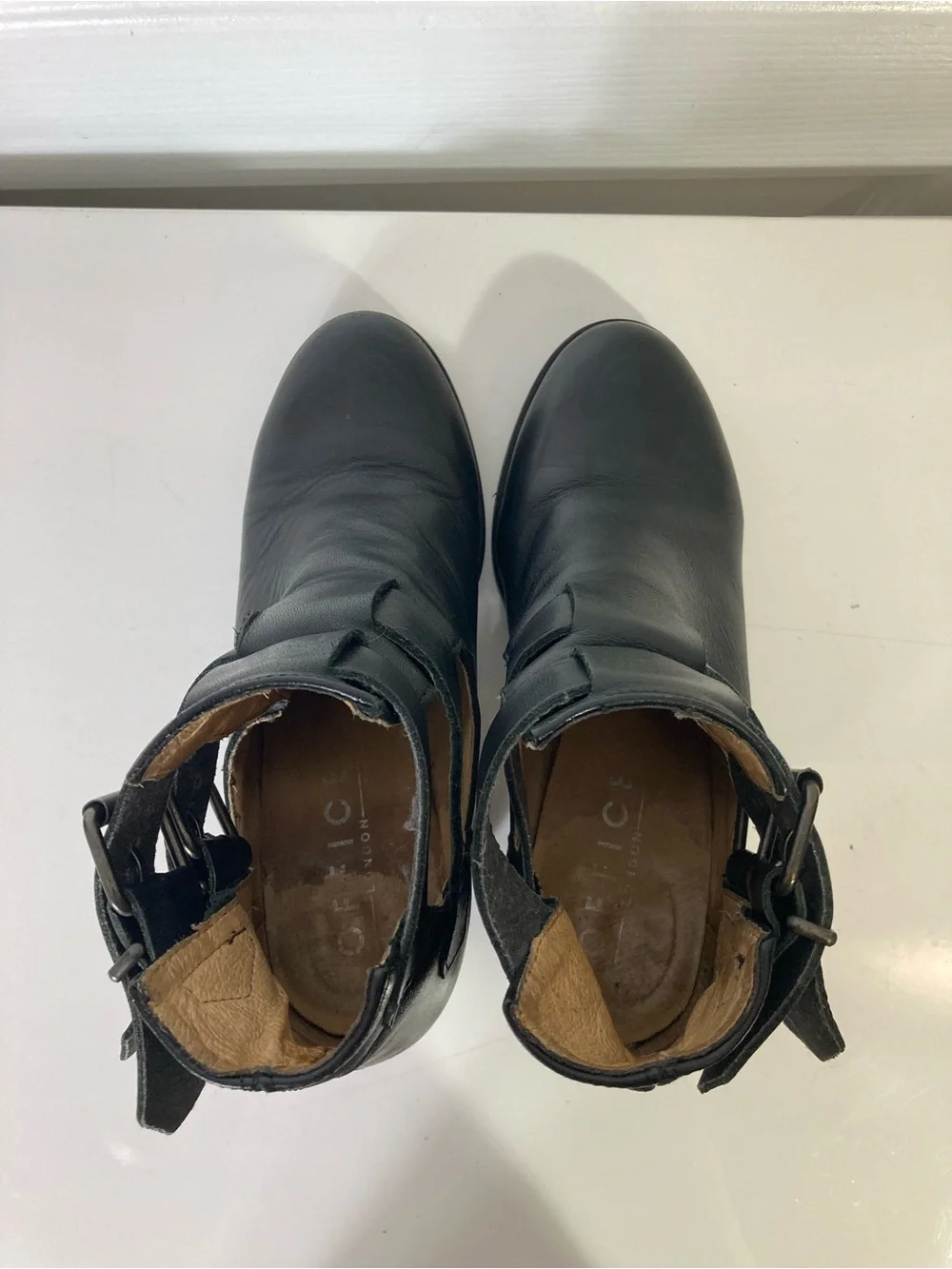 OFFICE LONDON Boots EU 37/US 7 Black Leather 2-Straps Buckle Stack Block Heel